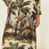 SOUVENIR Abito m/lunga in fantasia tropicale con scollo a v lungo