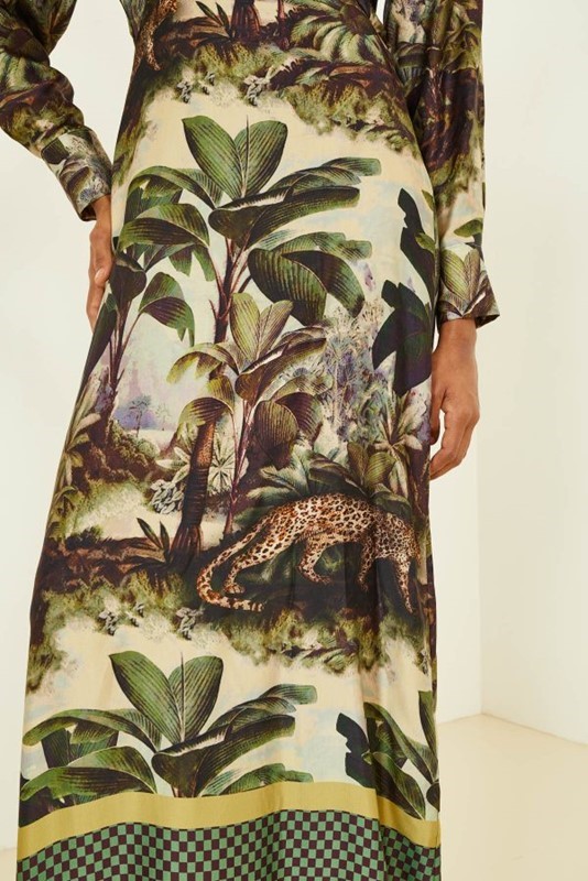 SOUVENIR Abito m/lunga in fantasia tropicale con scollo a v lungo