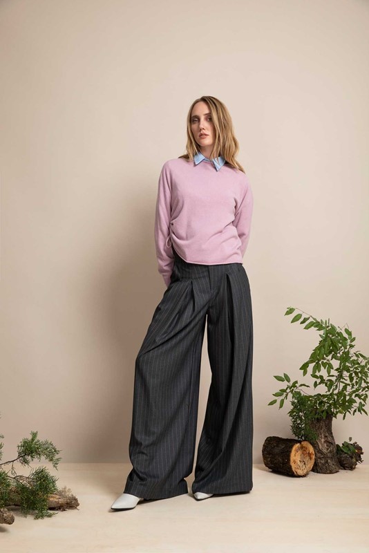 PEPE ROSA Pantalone palazzo con pence gessato