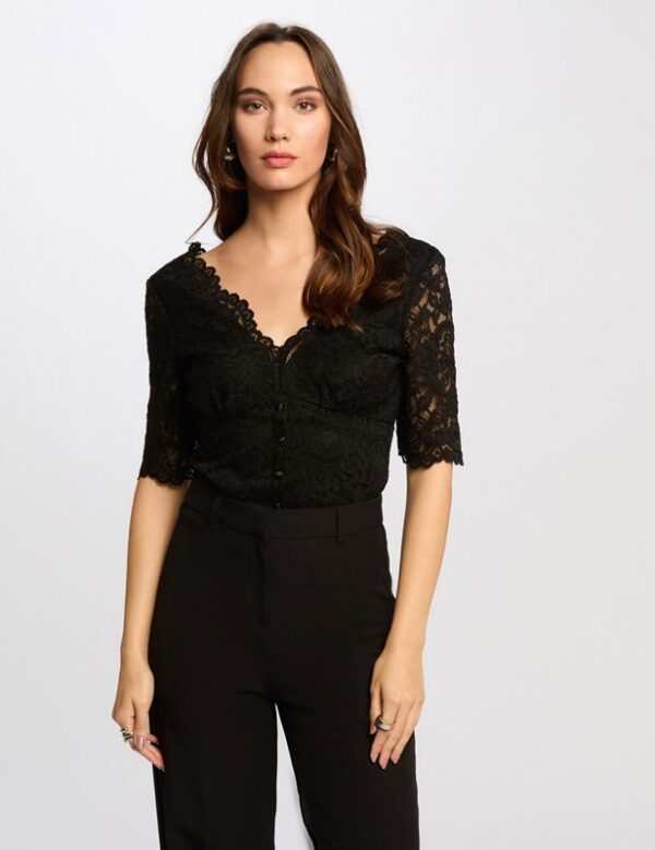 MORGAN Blusa a v in pizzo con maniche a 3/4