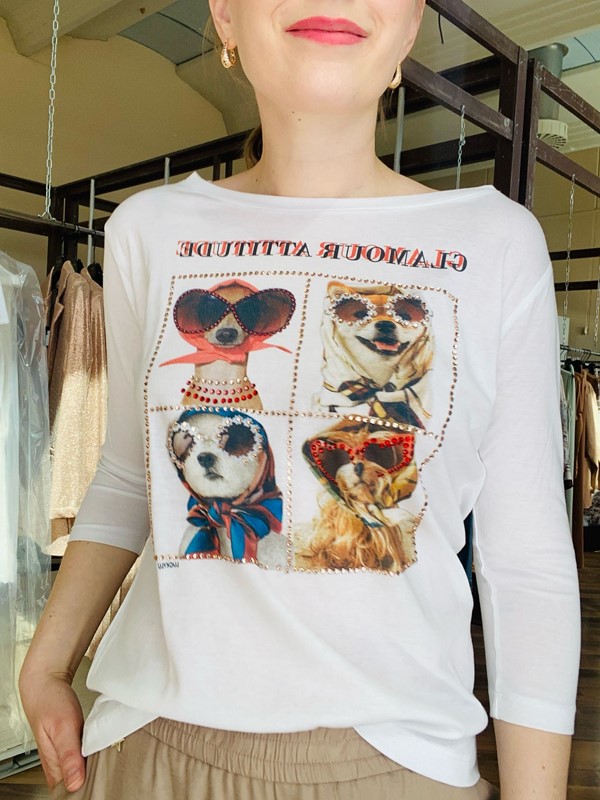 LUCKYLU T-shirt manica 3/4 con stampa cagnolini fashion