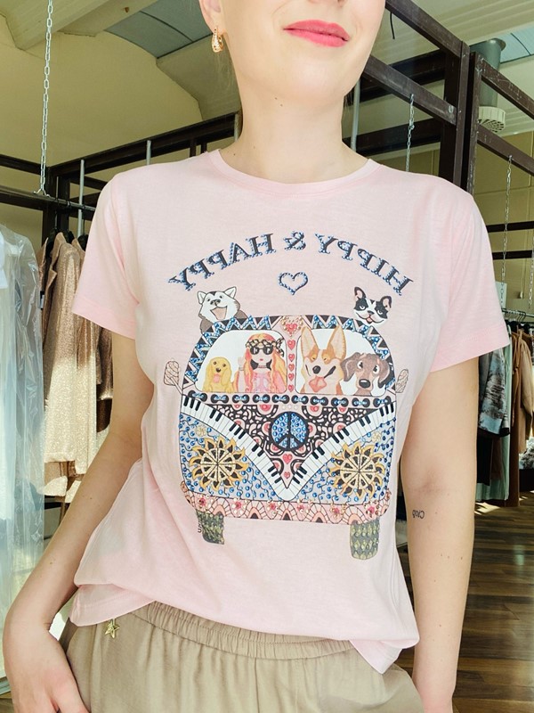 LUCKYLU T-shirt m/m con stampa pulmino&amici