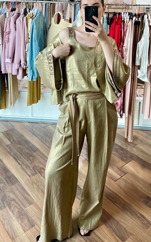 AGGÉL Pantalone spalmato glitter ampio con cintura