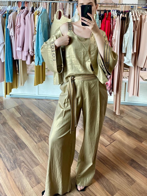 AGGÉL Pantalone spalmato glitter ampio con cintura