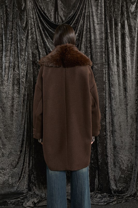 SOUVENIR Cappotto midi doppiopetto con collo eco removibile