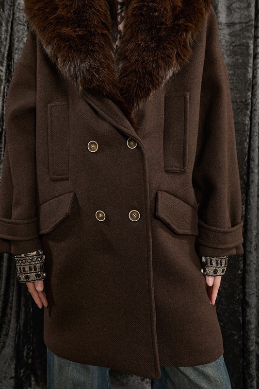 SOUVENIR Cappotto midi doppiopetto con collo eco removibile