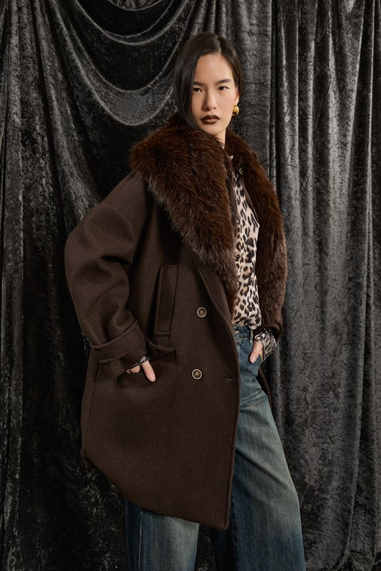 SOUVENIR Cappotto midi doppiopetto con collo eco removibile