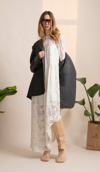 PEPE ROSA Abito lungo girocollo in pizzo