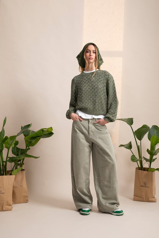 PEPE ROSA Maglia manica balloon traforata laminata