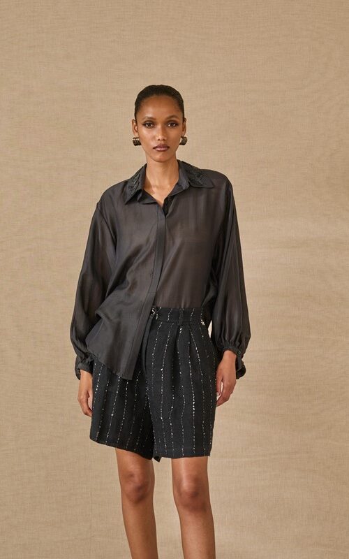 6AA3F0668F114CE2698061433D170365_ SOUVENIR Camicia tessuto in trasparenza con perline sul colletto