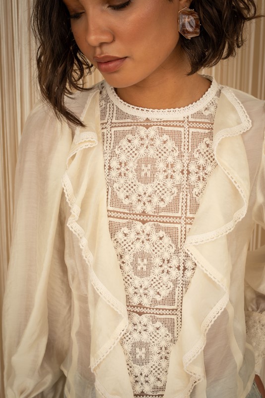 PHILIA LOFT Casacca girocollo con ricamo e ruches semi trasparente