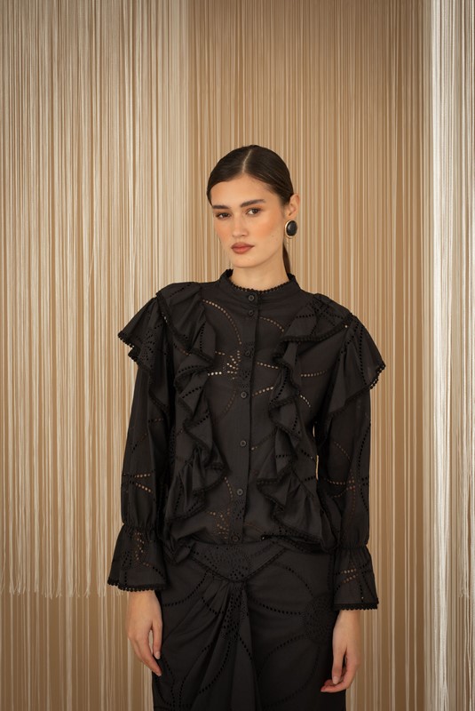 93781D87936D4BAC65F2E22958588A16_ PHILIA LOFT Blusa girocollo in sangallo con ruches