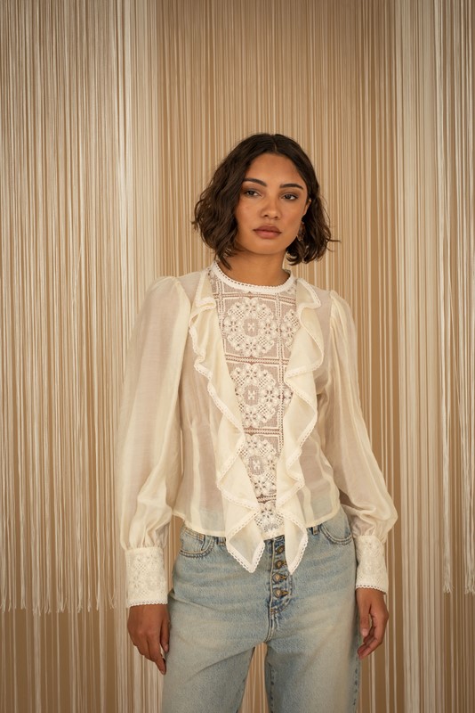 PHILIA LOFT Casacca girocollo con ricamo e ruches semi trasparente