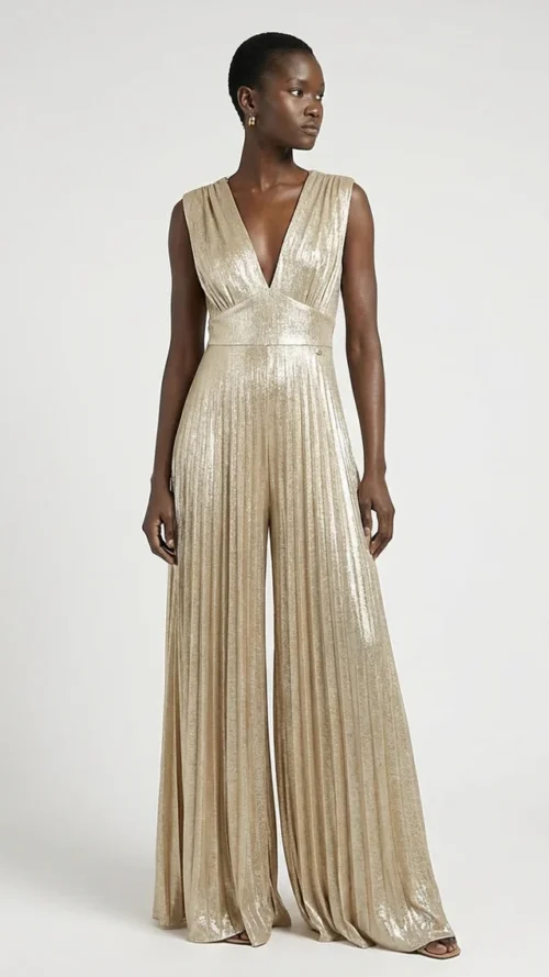 ALMA SANCHEZ Tuta con scollo v e pantalone ampio