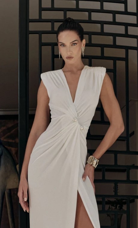 ALMA SANCHEZ Abito lungo con incrocio e spilla