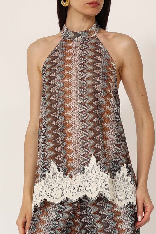 PHILIA LOFT Top scollo americana in fantasia con inserti in pizzo