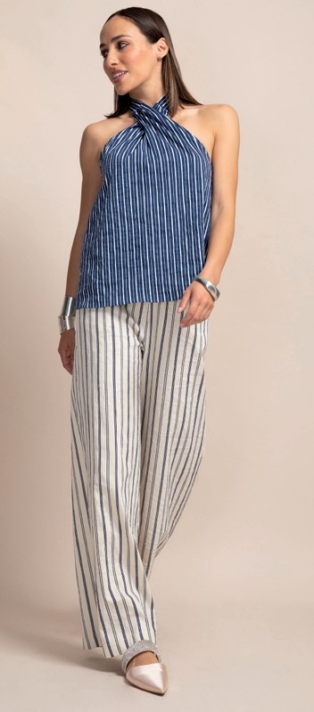 F233E7DDA4FF4D75D58A53ECCF499354_ PEPE ROSA Pantalone ampio gessato con elastico in vita