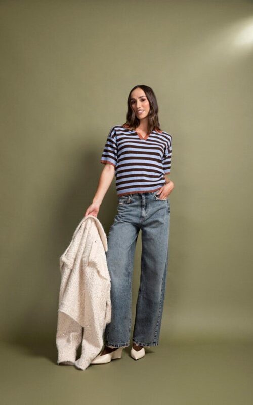 PEPE ROSA Polo in maglia a righe con bordi in lurex in contrasto