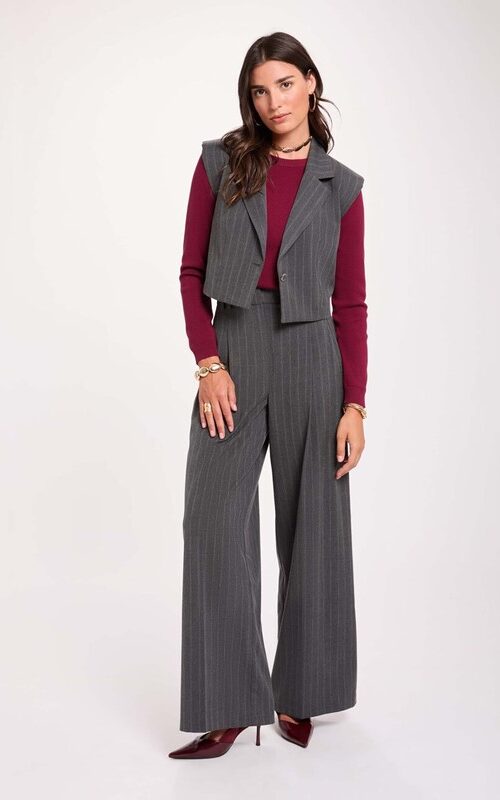 MORGAN Gilet crop gessato 1 bottone con spalline imbottite