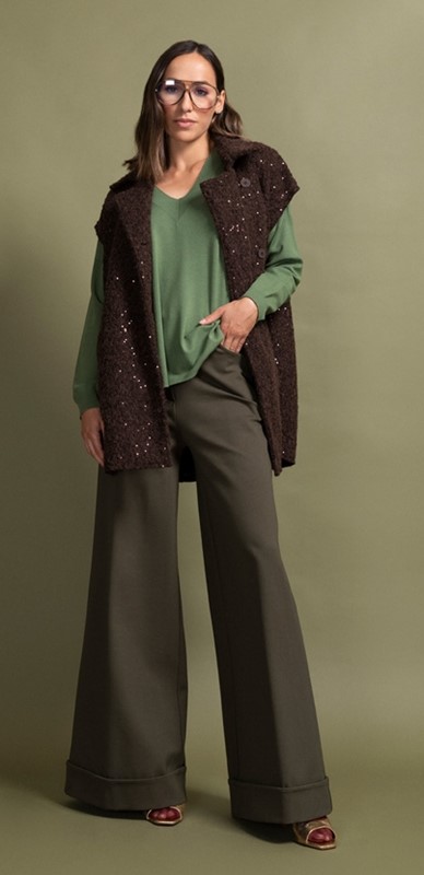 PEPE ROSA Pantalone punto milano ampio con risvolto