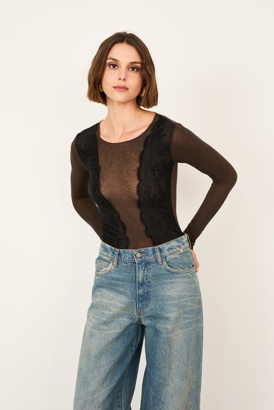 PHILIA LOFT Body girocollo misto cachemire con inserti in pizzo